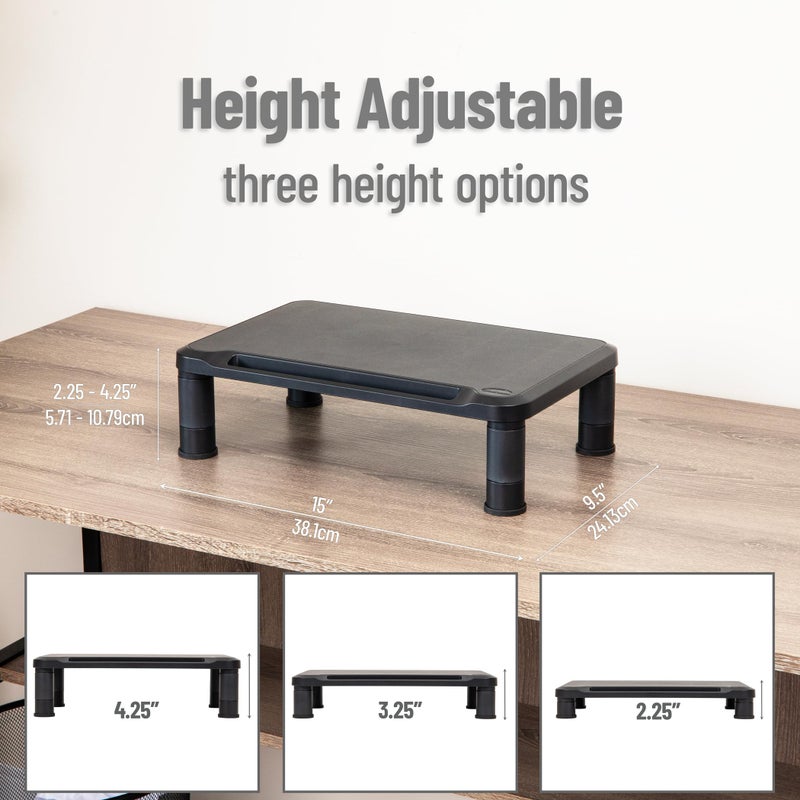 Mind Reader Monitor Stand, Height Adjustable, Laptop, Computer, Riser, Office, 15"L x 9.5"W x 4.25"H, Set of 2, Black - Image 3